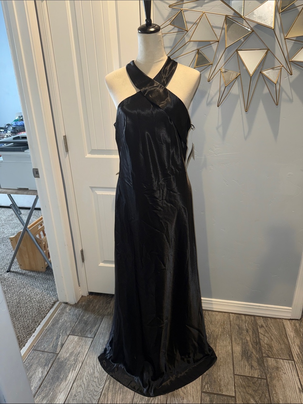 Xscape Black Satin Cross Halter  Gown. Sz 12